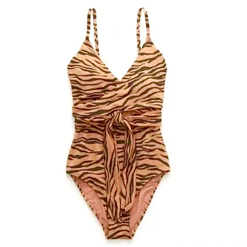 Aerie Tiger Animal Stripe One Piece Wrap Swimsuit New size M